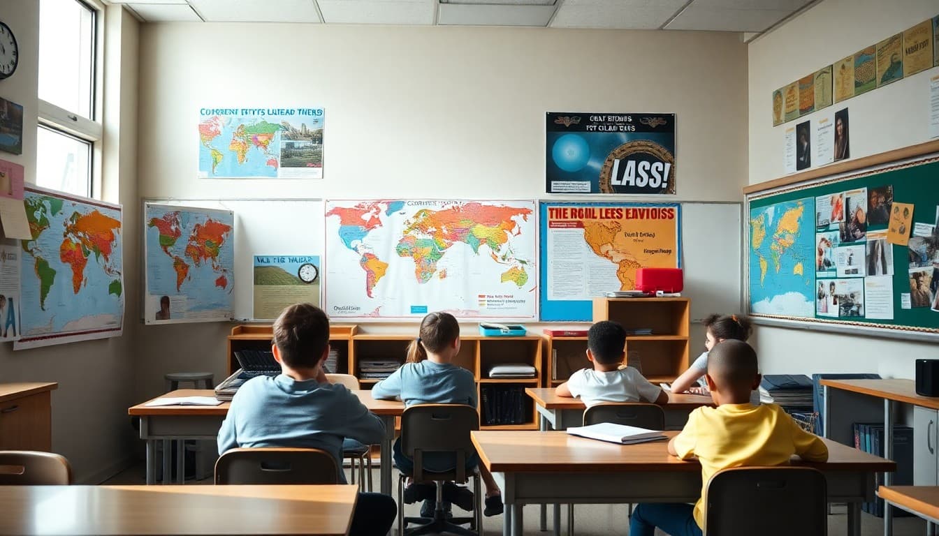 A social studies classroom with world maps, current events bulletin boards, and student projects displayed