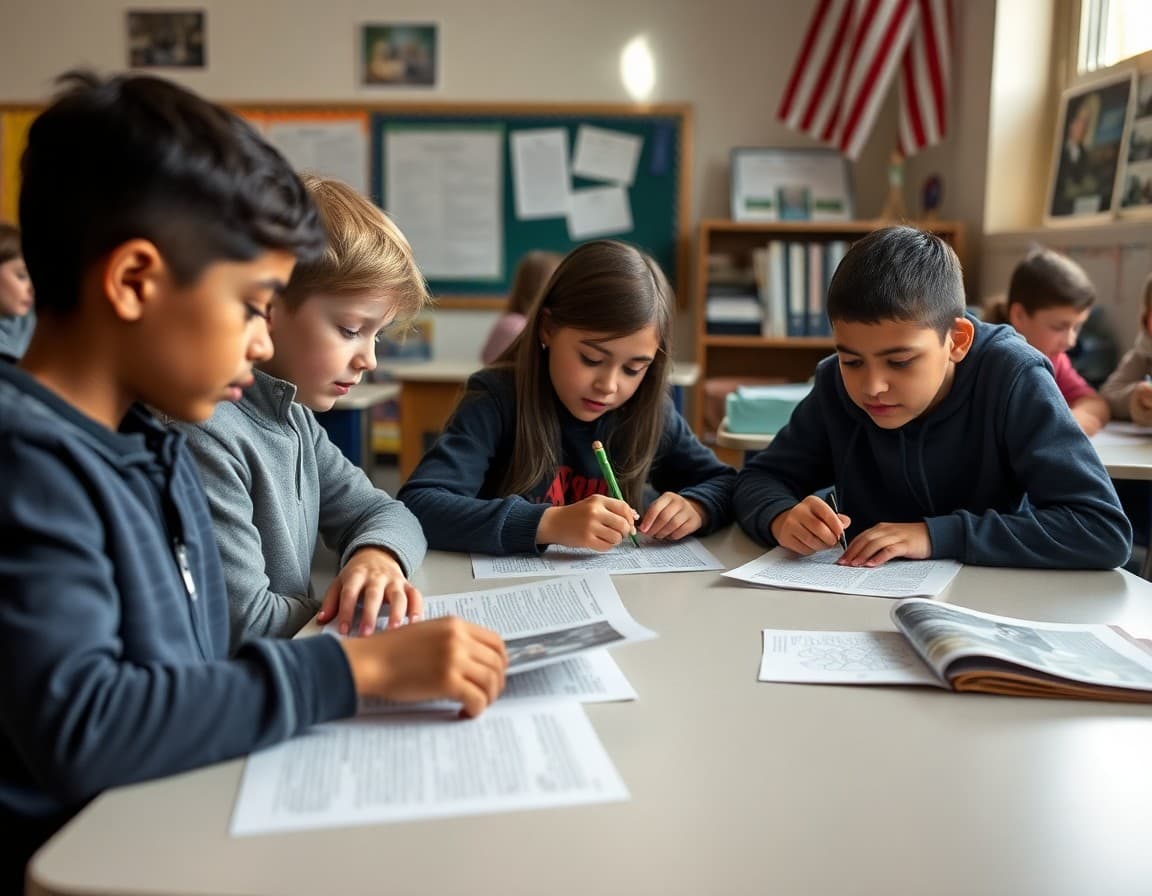 Students examining primary source documents and photographs at classroom tables during Constitution Day activity