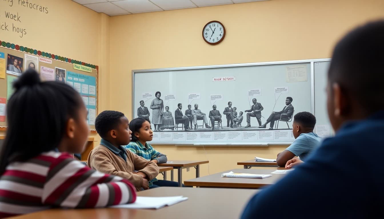Social studies classroom with student-created historical timeline display for Black History Month awareness