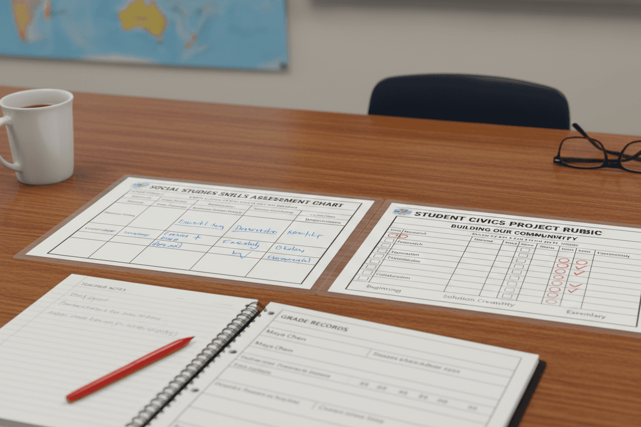 Close-up of a social studies skills assessment chart and student project rubric on a parent conference table