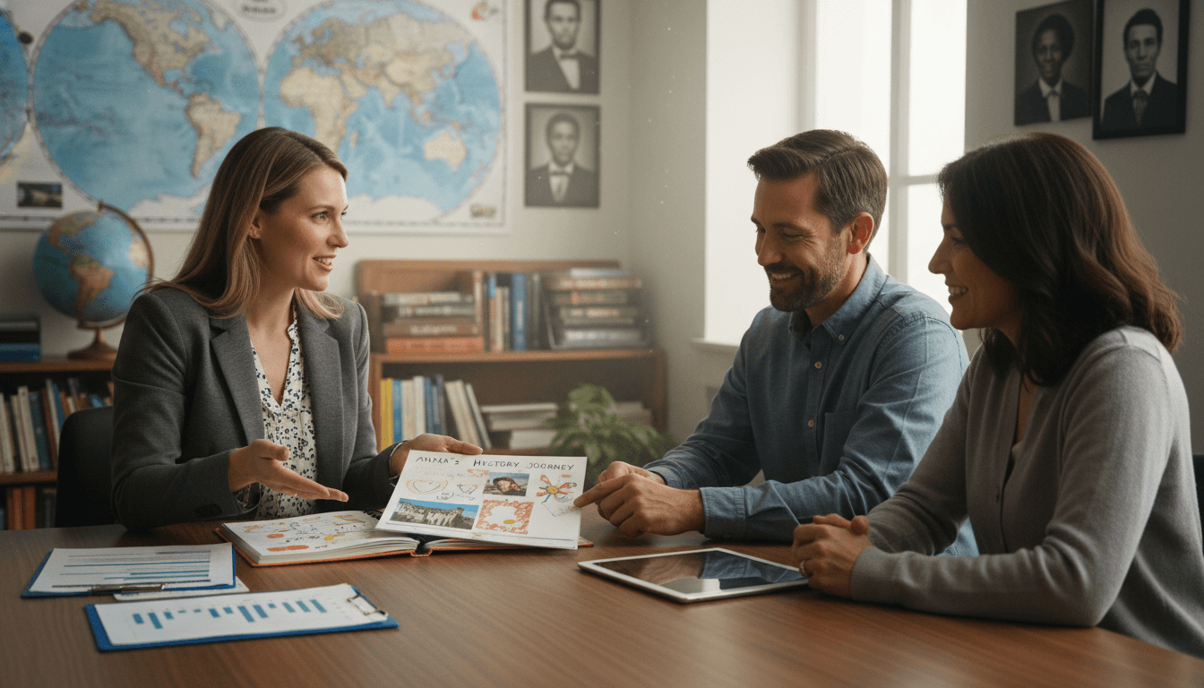 Social studies teacher at a parent conference table with a student's project portfolio and assessment records open for discussion