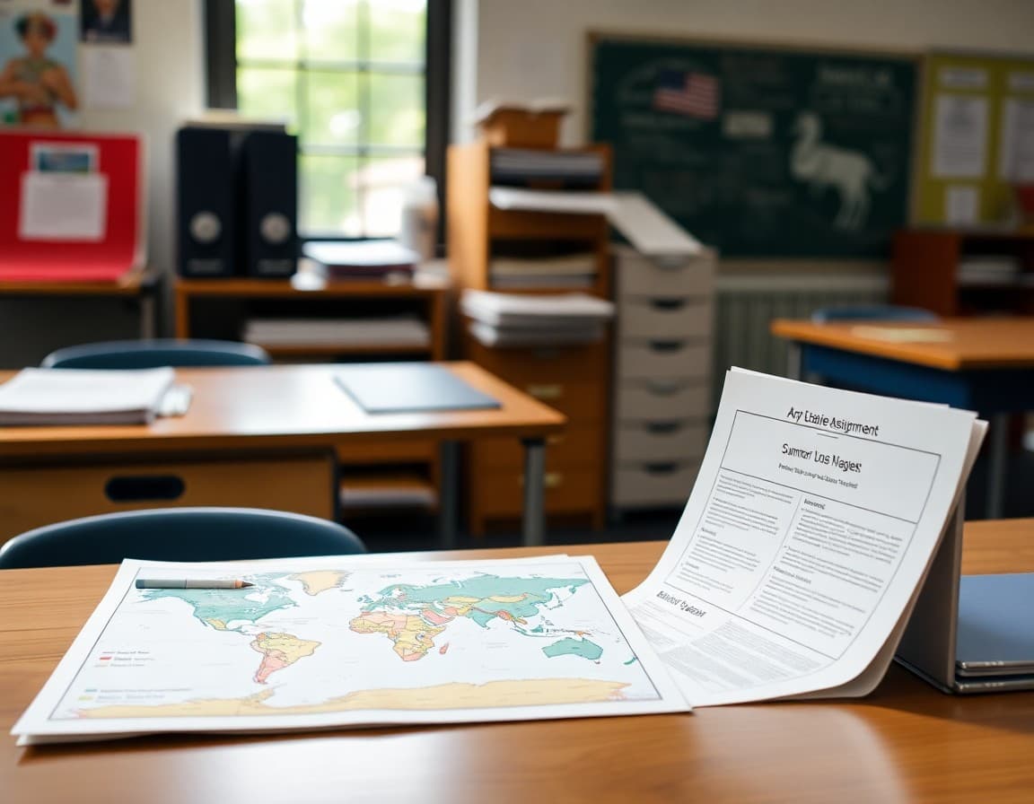 Social studies teacher's desk with summer assignment materials including world map and primary source document packet