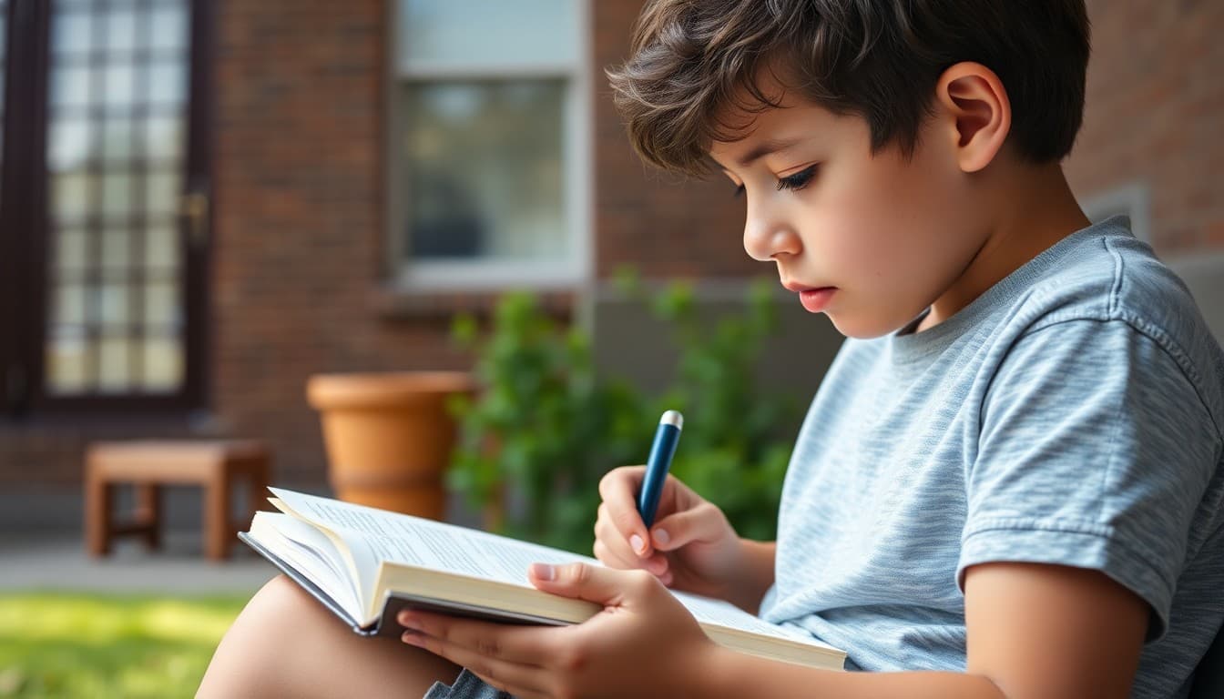 Student reading a history book outside in summer with a notebook for summer social studies assignment