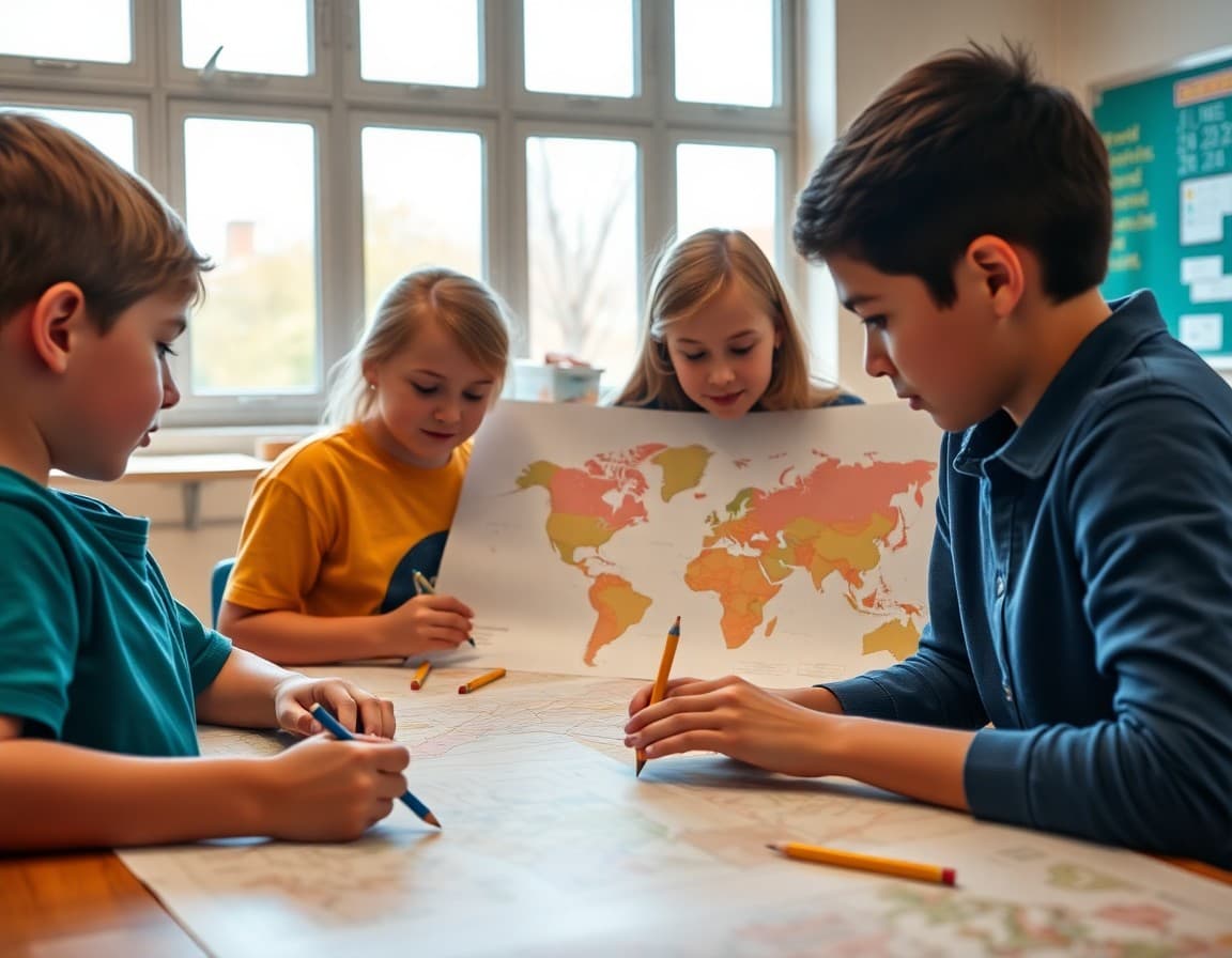 Students using colored pencils and large outline maps for a social studies geography mapping project