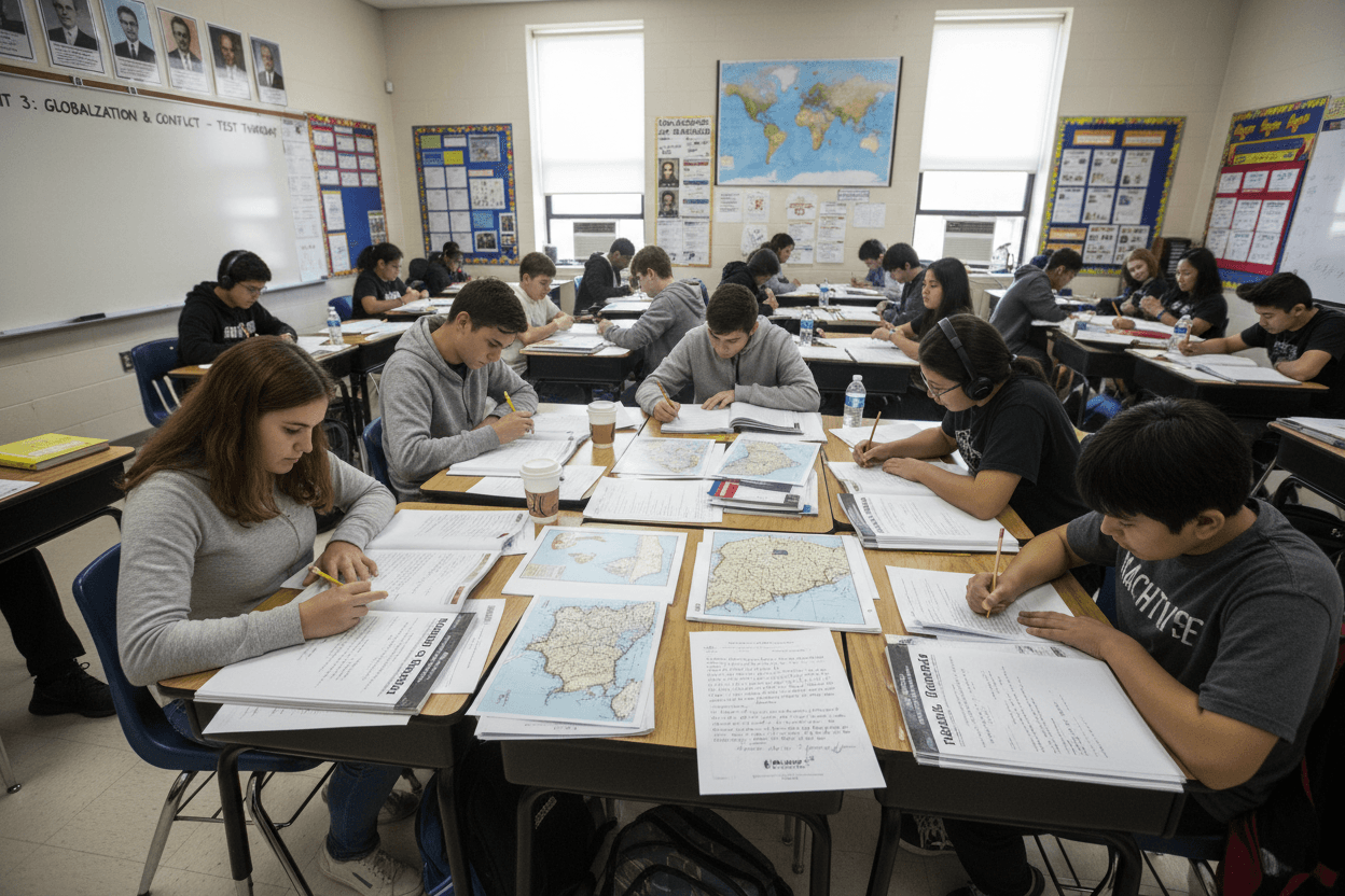 Students working through social studies test prep review sheets with primary source documents and maps on their desks
