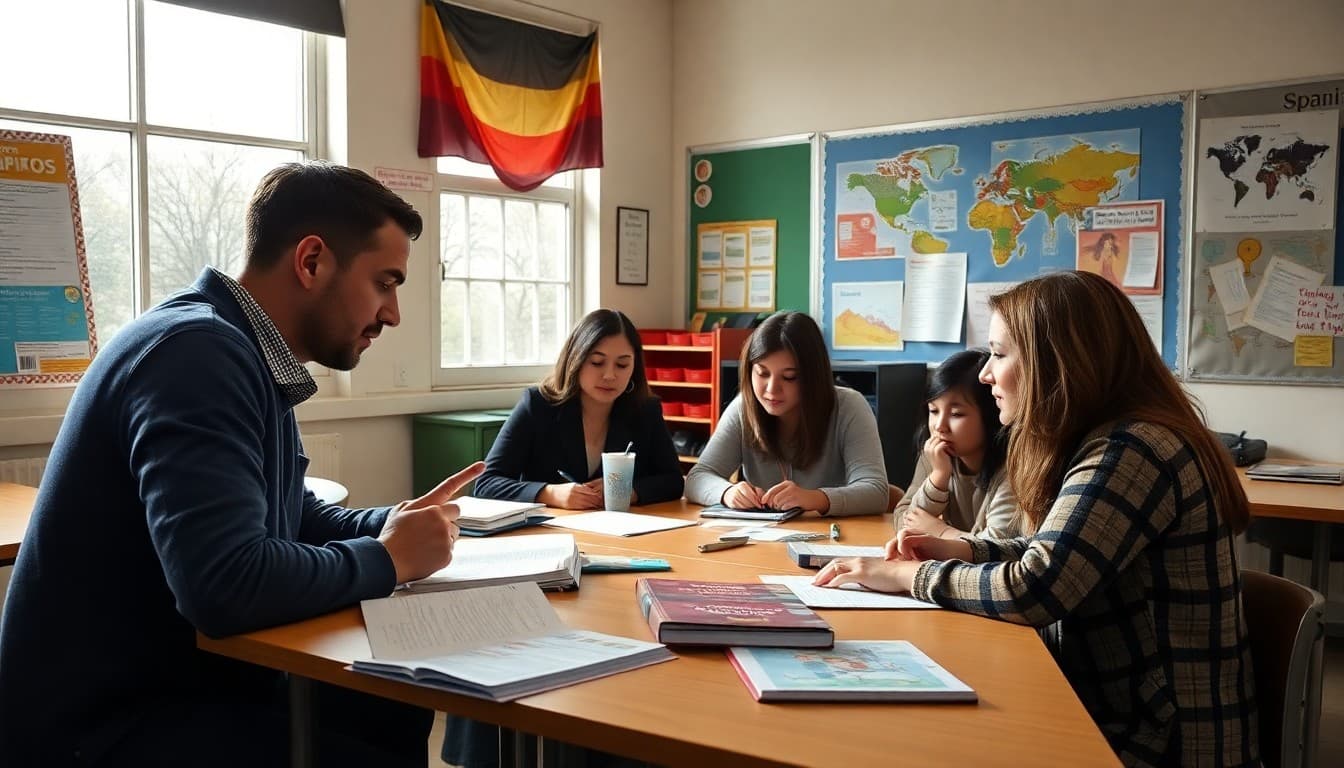 Spanish teacher planning newsletter topics beside Spanish cultural posters and course materials
