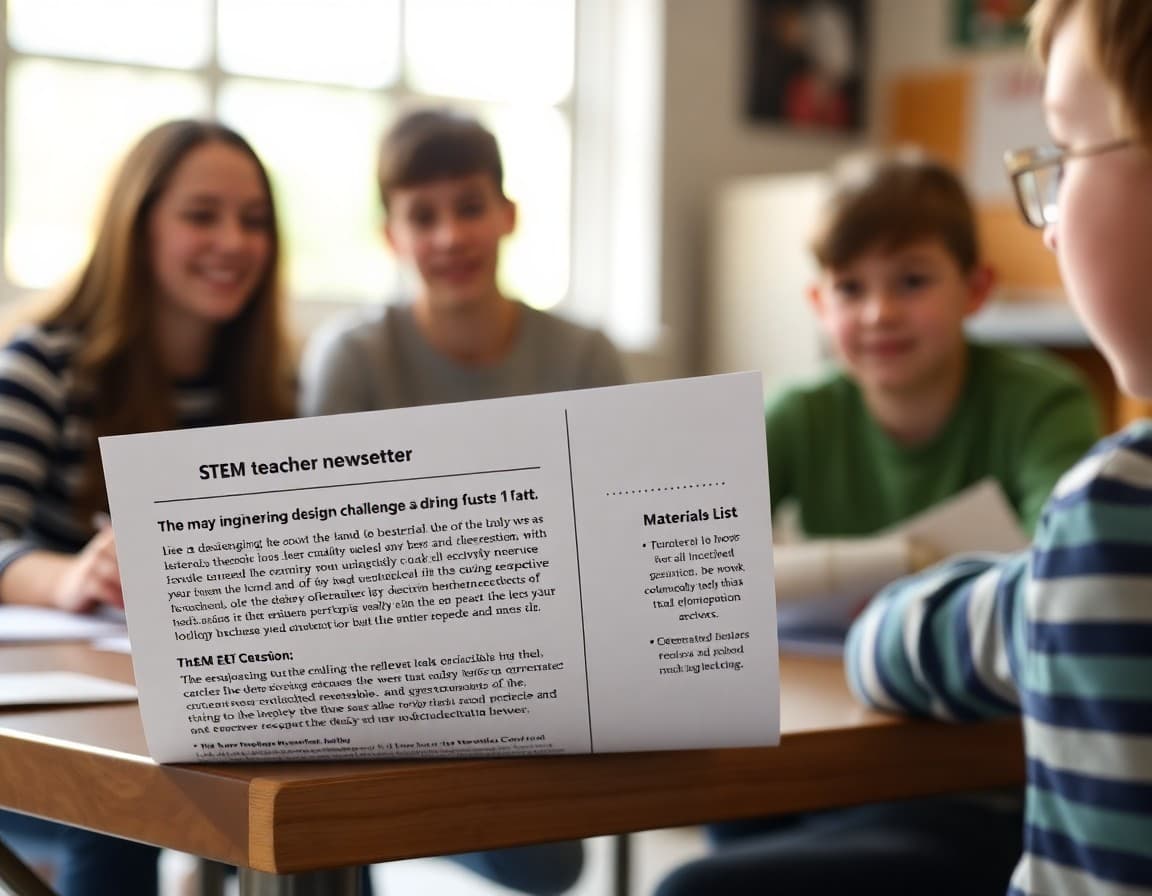 STEM teacher newsletter showing engineering design challenge description, materials list, and family extension activity