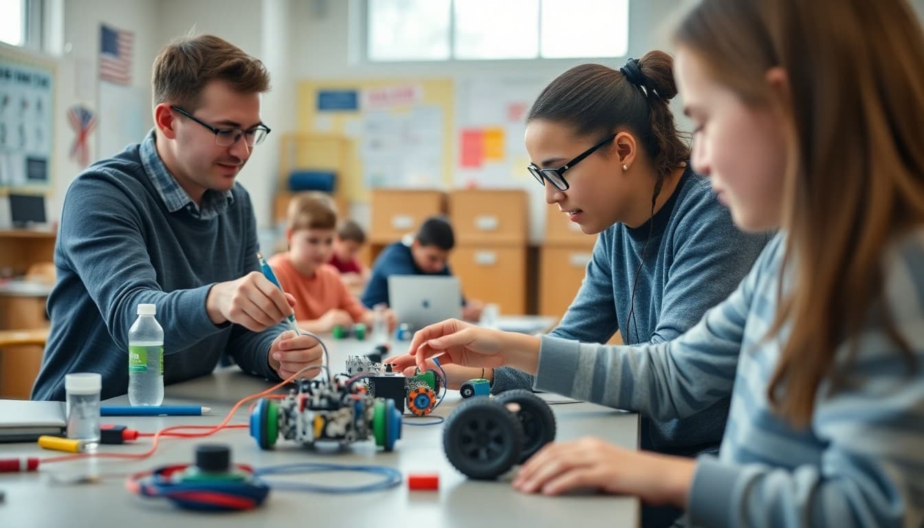 STEM teacher facilitating robotics engineering challenge with students building and testing prototype at workstations