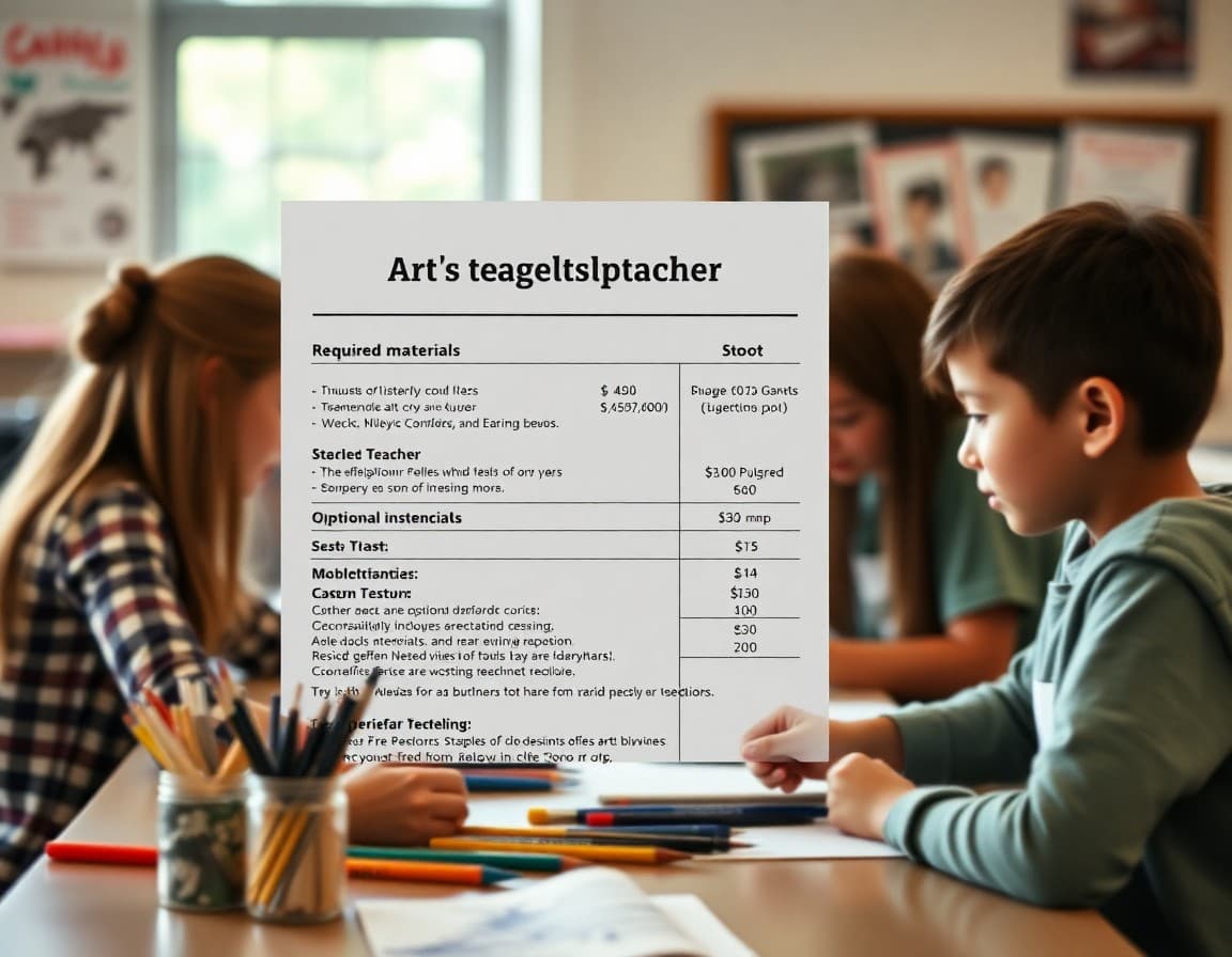 Art supplies teacher newsletter listing required and optional materials with cost breakdown and purchase suggestions