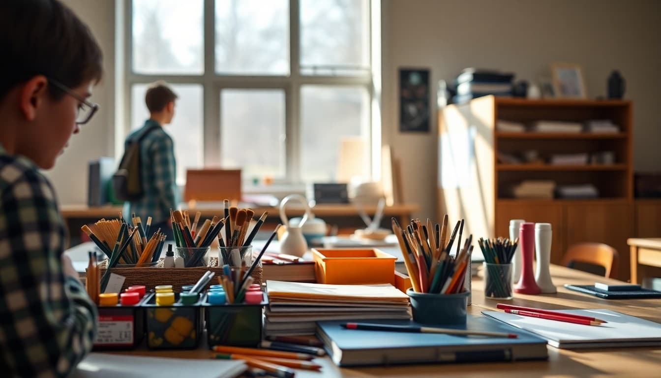 Art classroom with organized supply station showing paints, brushes, sketchbooks, and student materials