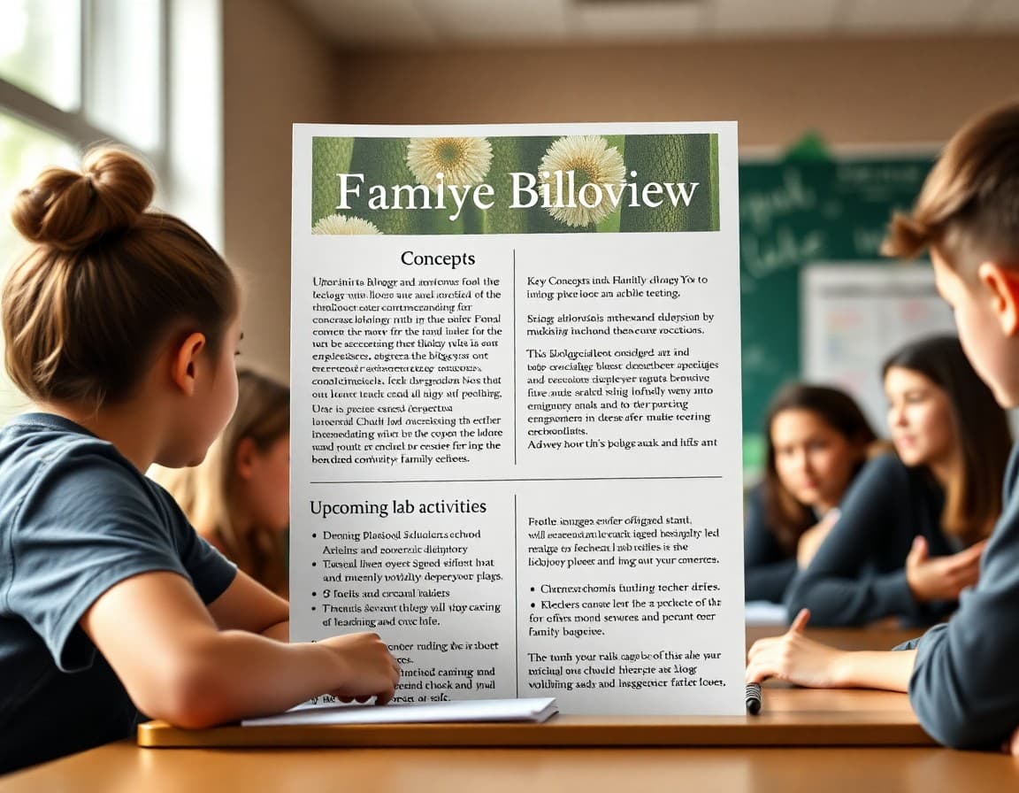 Biology unit teacher newsletter showing unit overview, key concepts, upcoming lab activities, and family engagement suggestions