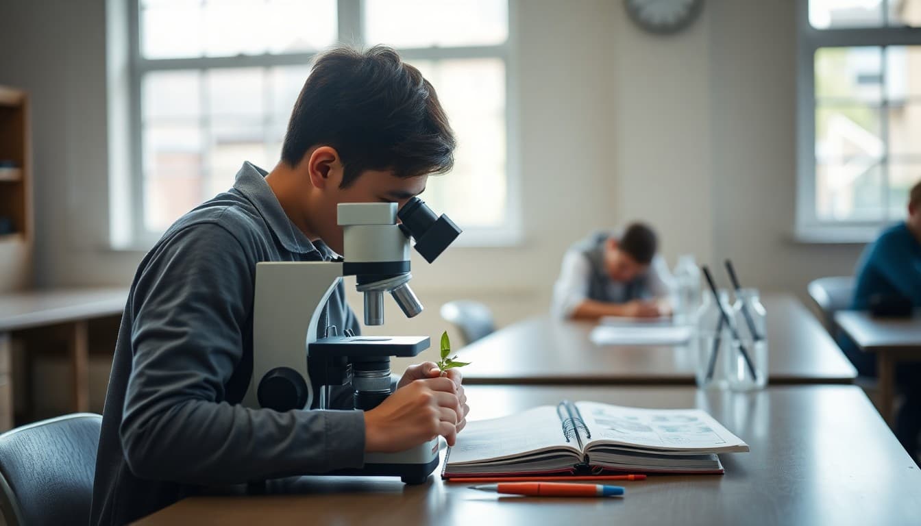Biology student examining plant specimen under microscope with lab notebook and labeled diagram on desk