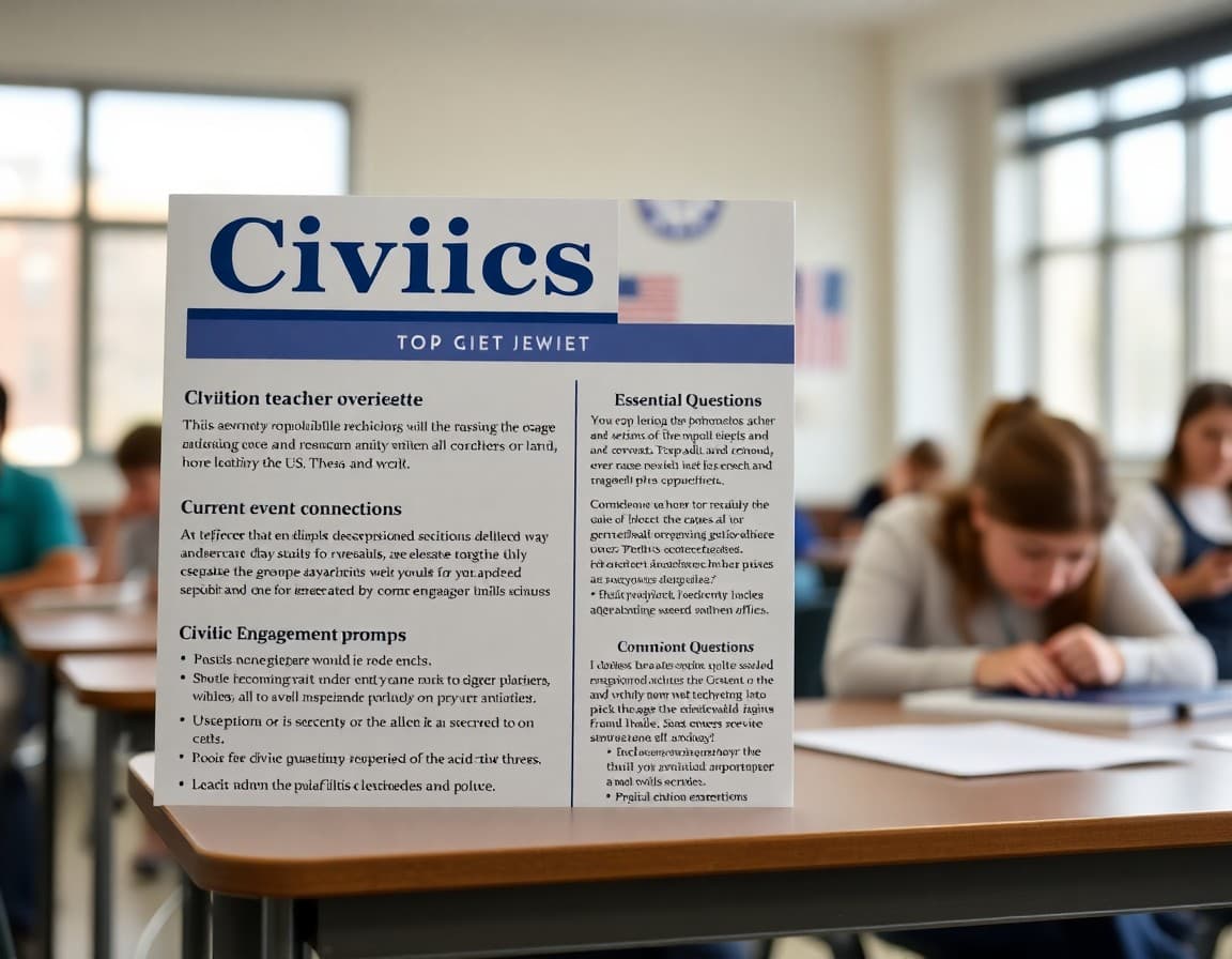 Civics unit teacher newsletter showing unit overview, essential questions, current event connections, and civic engagement prompts
