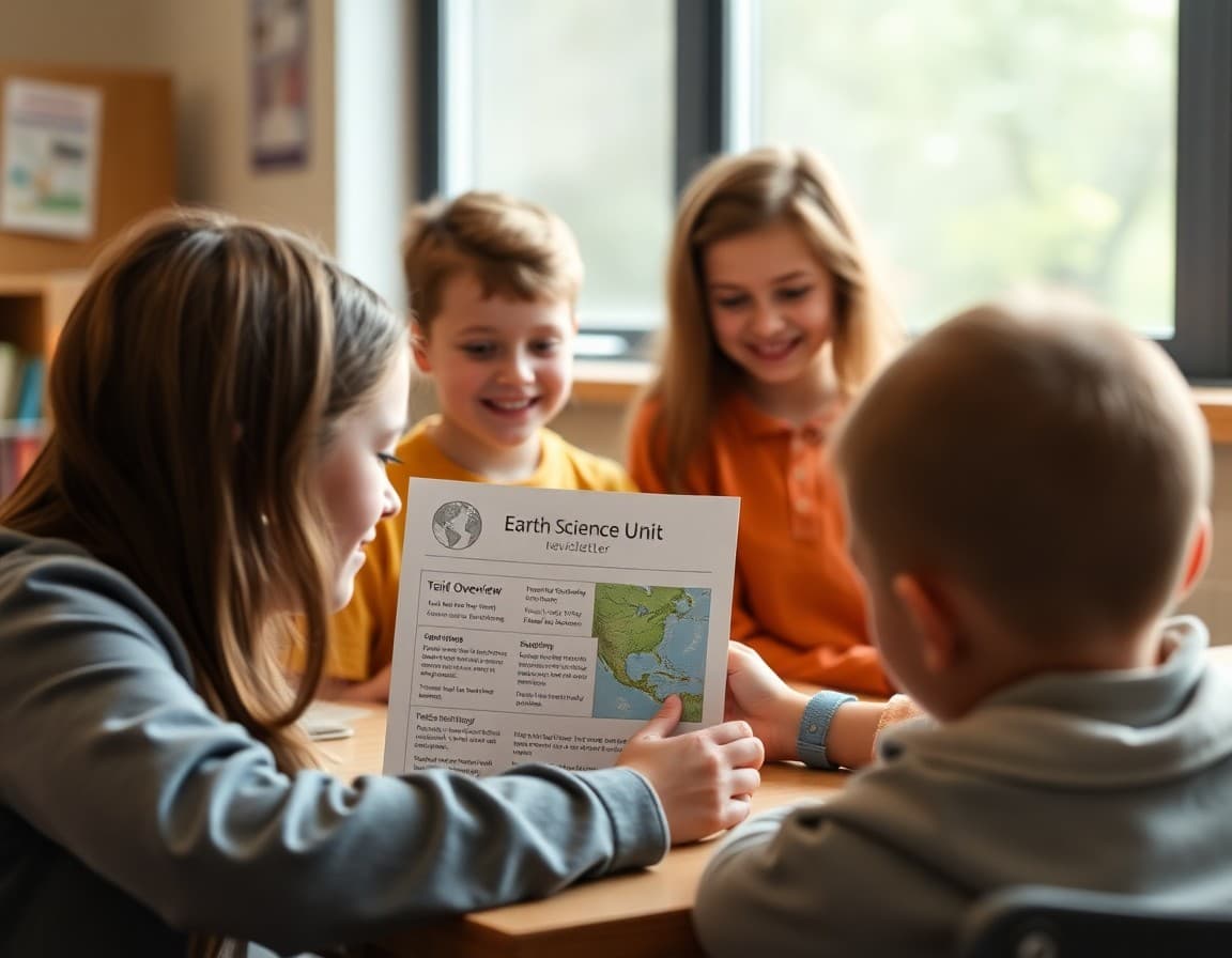 Earth science unit teacher newsletter showing topic overview, field observation opportunities, and family discussion prompts