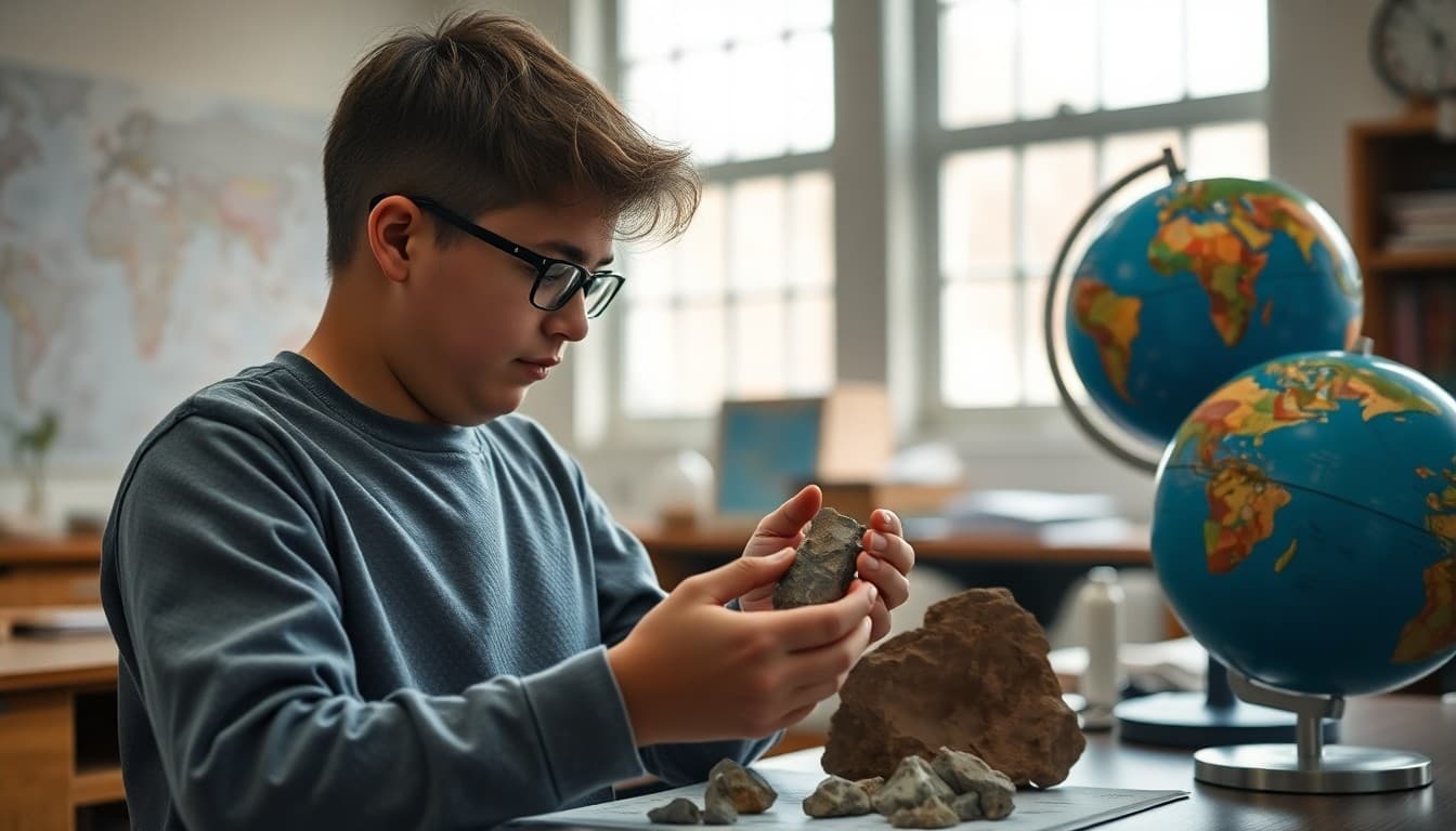 Earth science student examining rock samples and geological maps at lab station with globe nearby