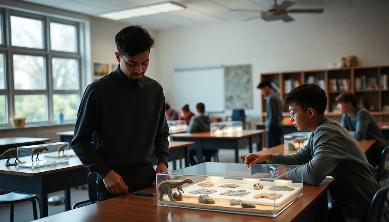 A biology classroom with natural selection simulations and fossil evidence displays visible on student tables