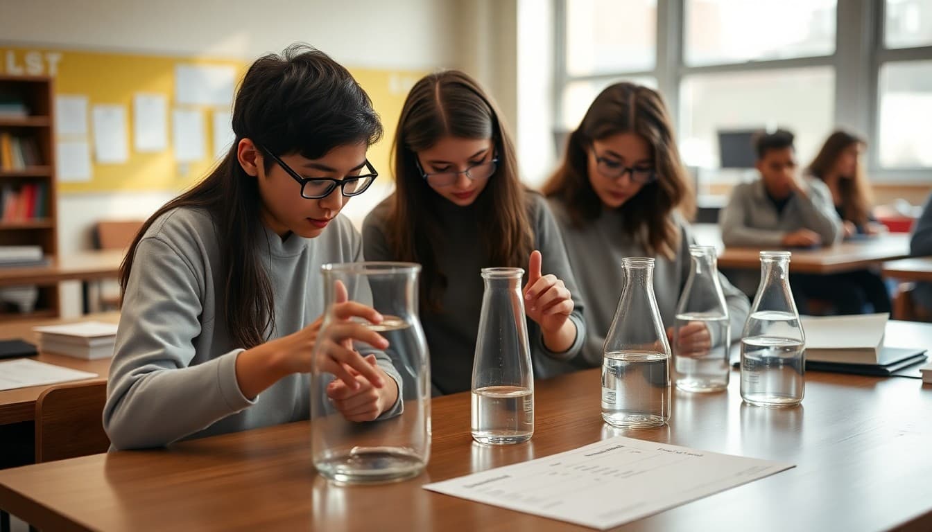 Students planning controlled experiments with variable identification charts visible on classroom tables