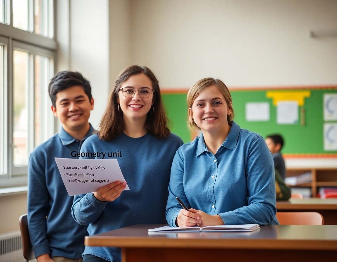 Geometry unit teacher newsletter showing unit overview, key concepts, proof introduction, and family support suggestions
