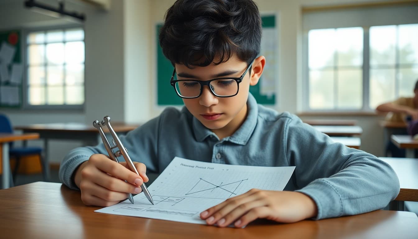 Student working through geometric proofs with compass, ruler, and labeled diagram on graph paper
