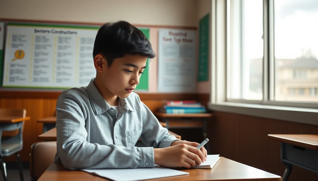 Student practicing sentence construction at desk with grammar reference chart posted on wall nearby