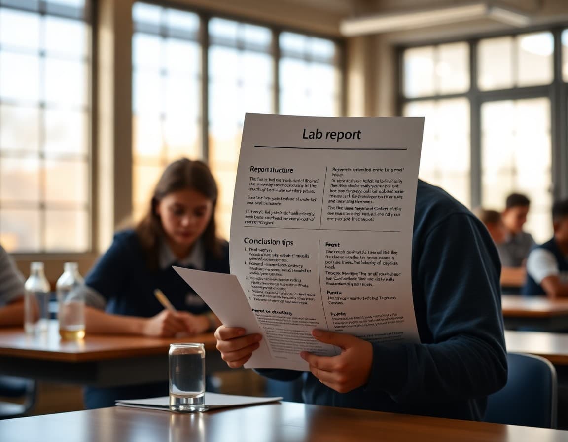 Lab report newsletter showing report structure section with conclusion writing tips and parent support guide