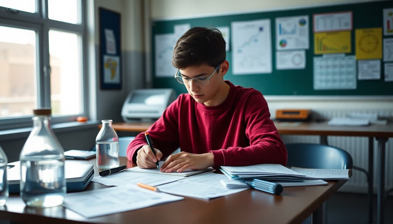 Student writing lab report at desk with data tables, graphs, and experiment notes spread out nearby
