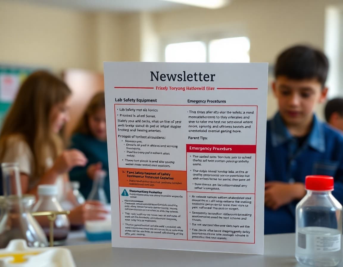 Lab safety newsletter showing safety equipment section with emergency procedures and parent tips