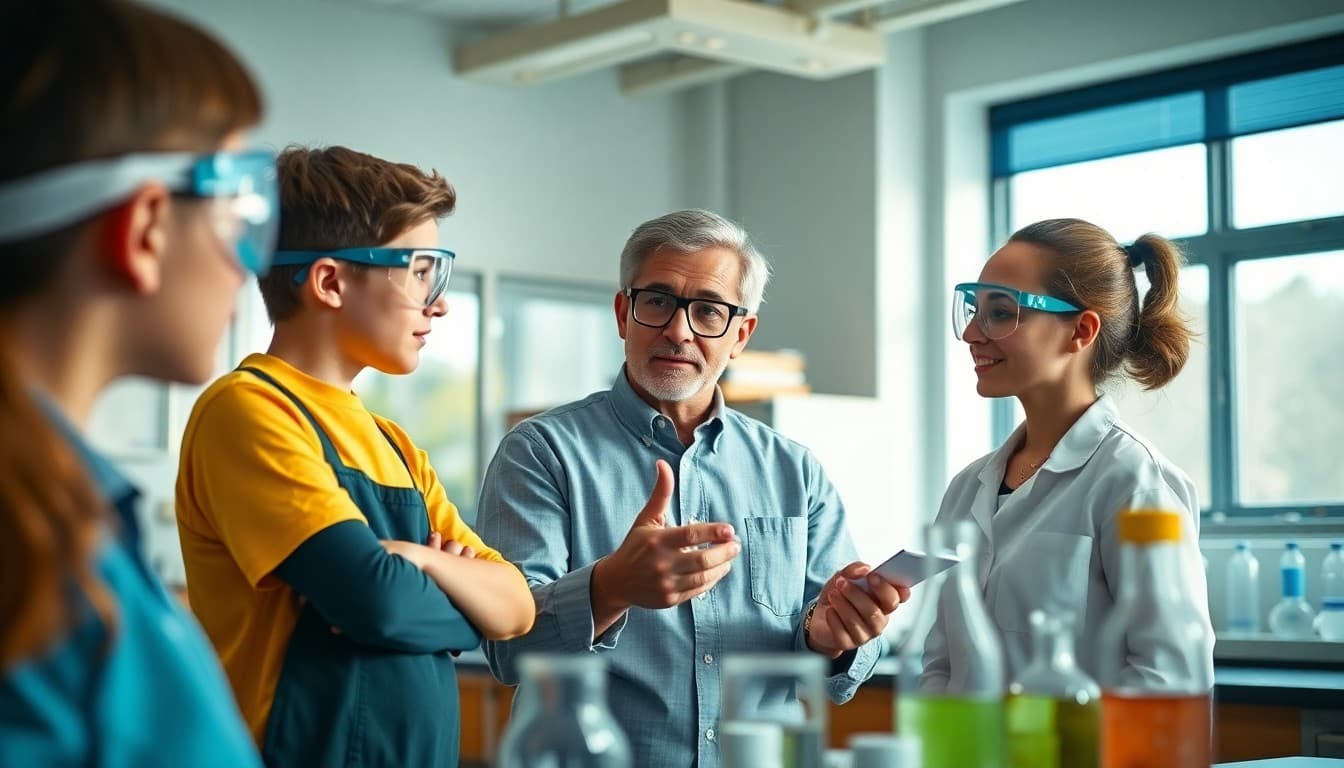 A science teacher reviewing lab safety rules with students wearing goggles in a well-organized laboratory