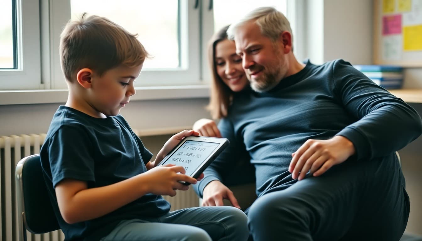 Student using math learning app on tablet with parent sitting beside reviewing practice problems together