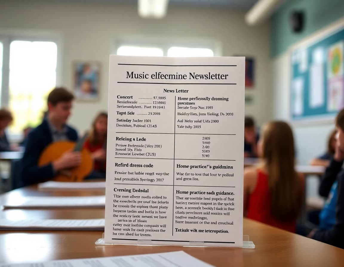 Music performance teacher newsletter showing concert details, rehearsal schedule, dress code, and home practice guidance