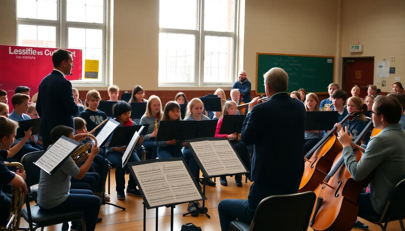 School band or orchestra students rehearsing on stage with conductor preparing for an upcoming concert performance