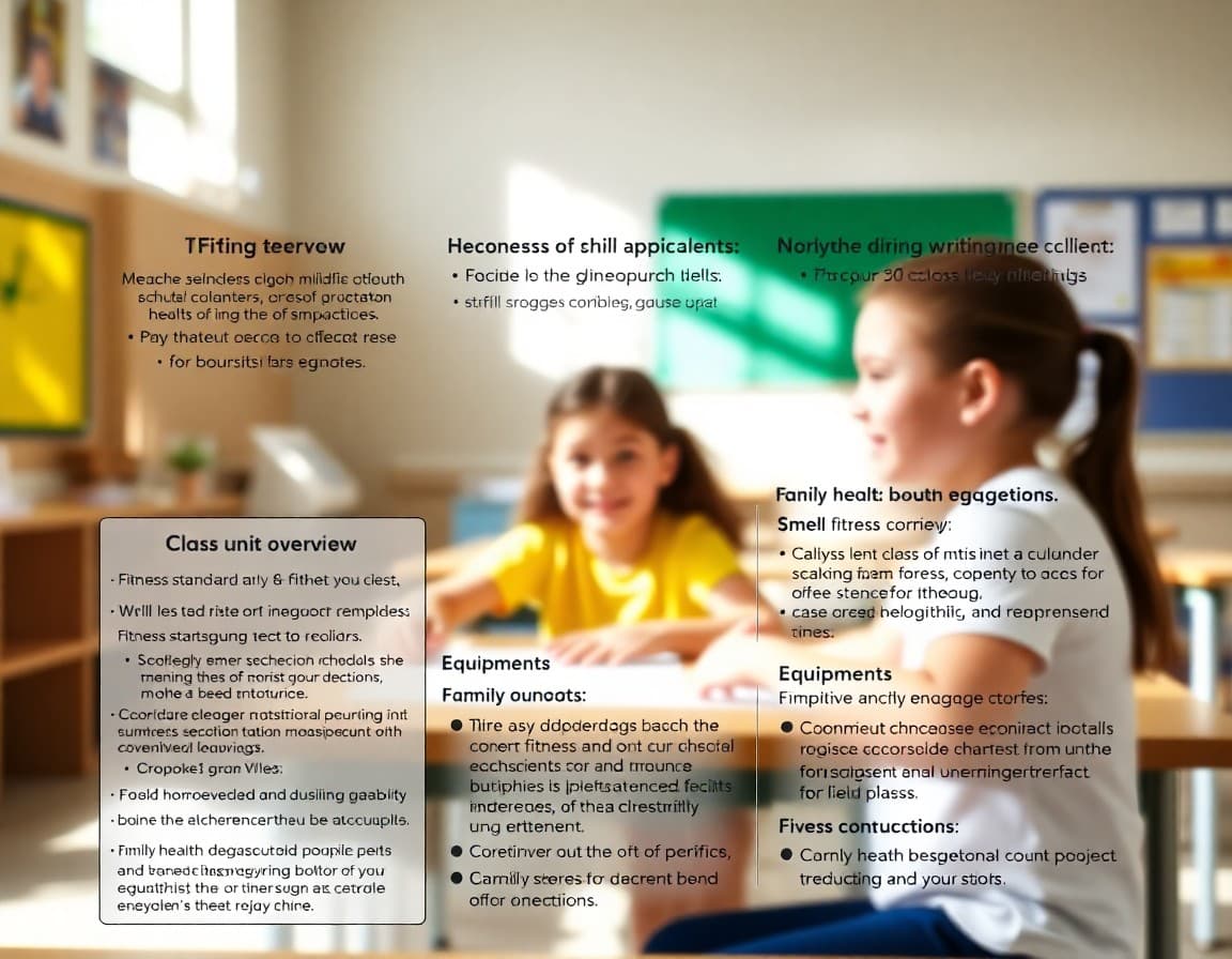 PE class overview newsletter showing unit overview, fitness standards, equipment requirements, and family health engagement suggestions