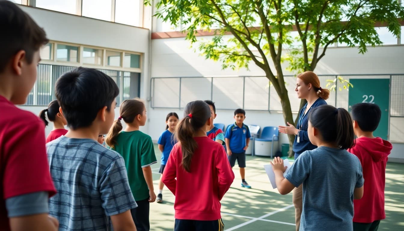 Students participating in physical education class outdoors with teacher leading warm-up activities