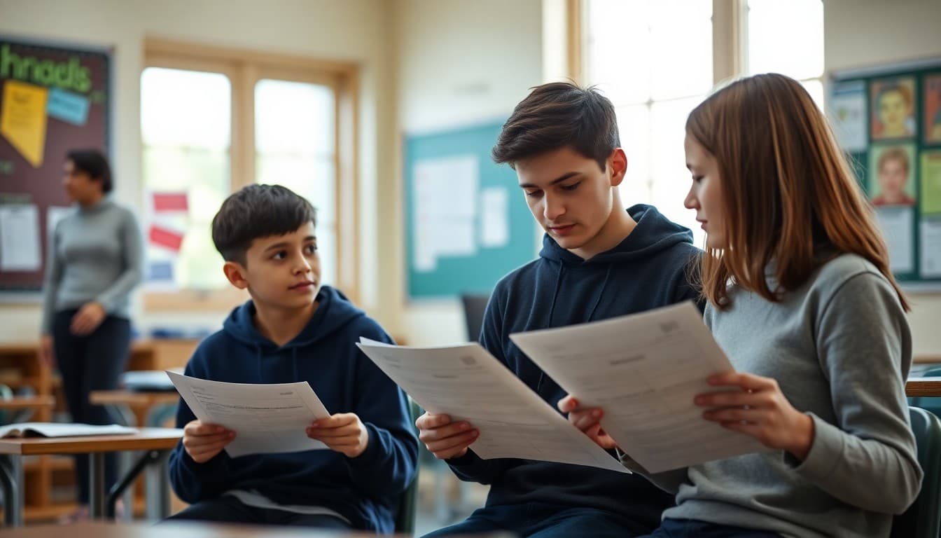 Two students engaged in structured peer review with feedback forms in hand and teacher circulating in background