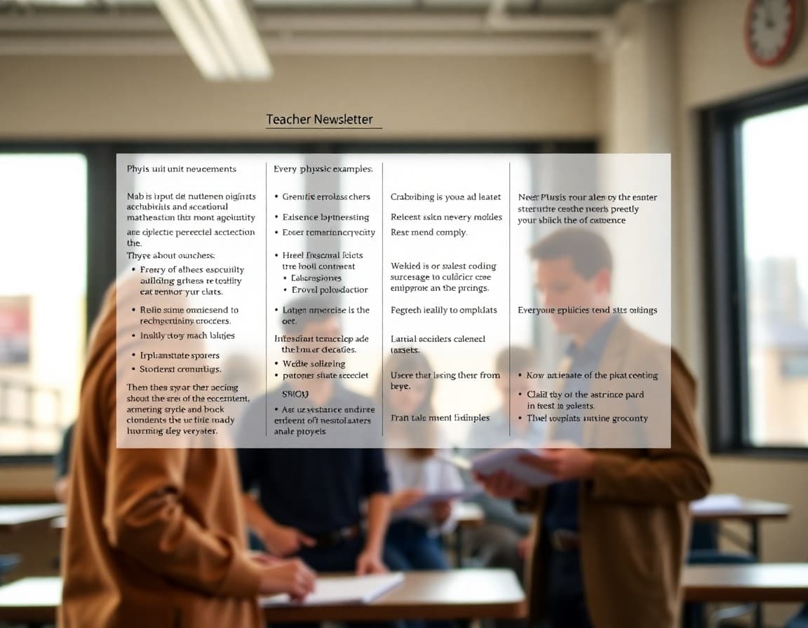 Physics unit teacher newsletter showing unit concepts, mathematical requirements, lab overview, and everyday physics examples