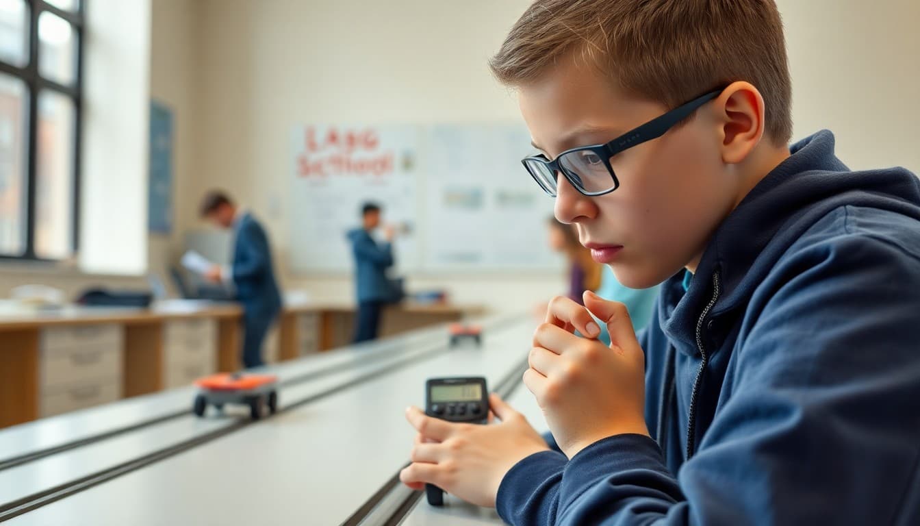 Physics student analyzing motion with stopwatch and cart on track during hands-on lab activity