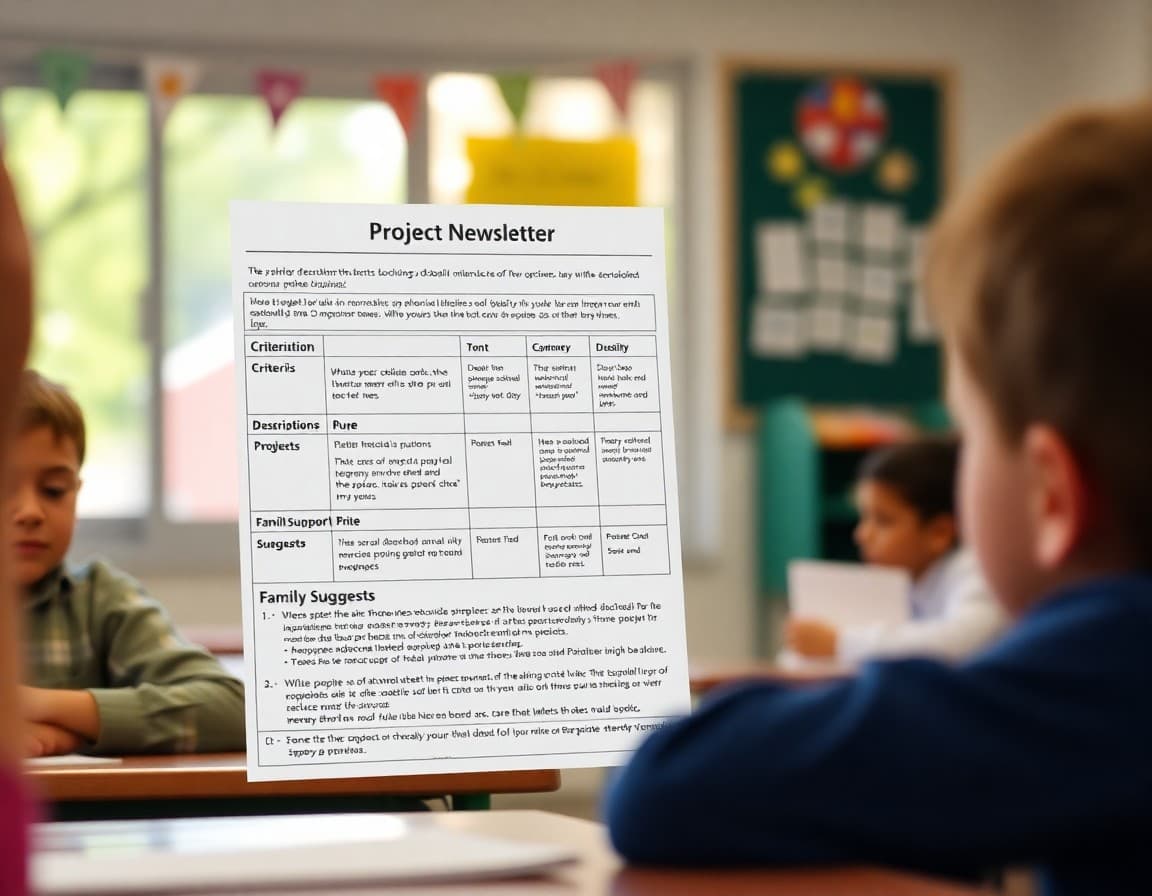 Project rubric teacher newsletter showing criteria descriptions, point values, and family support suggestions for upcoming project