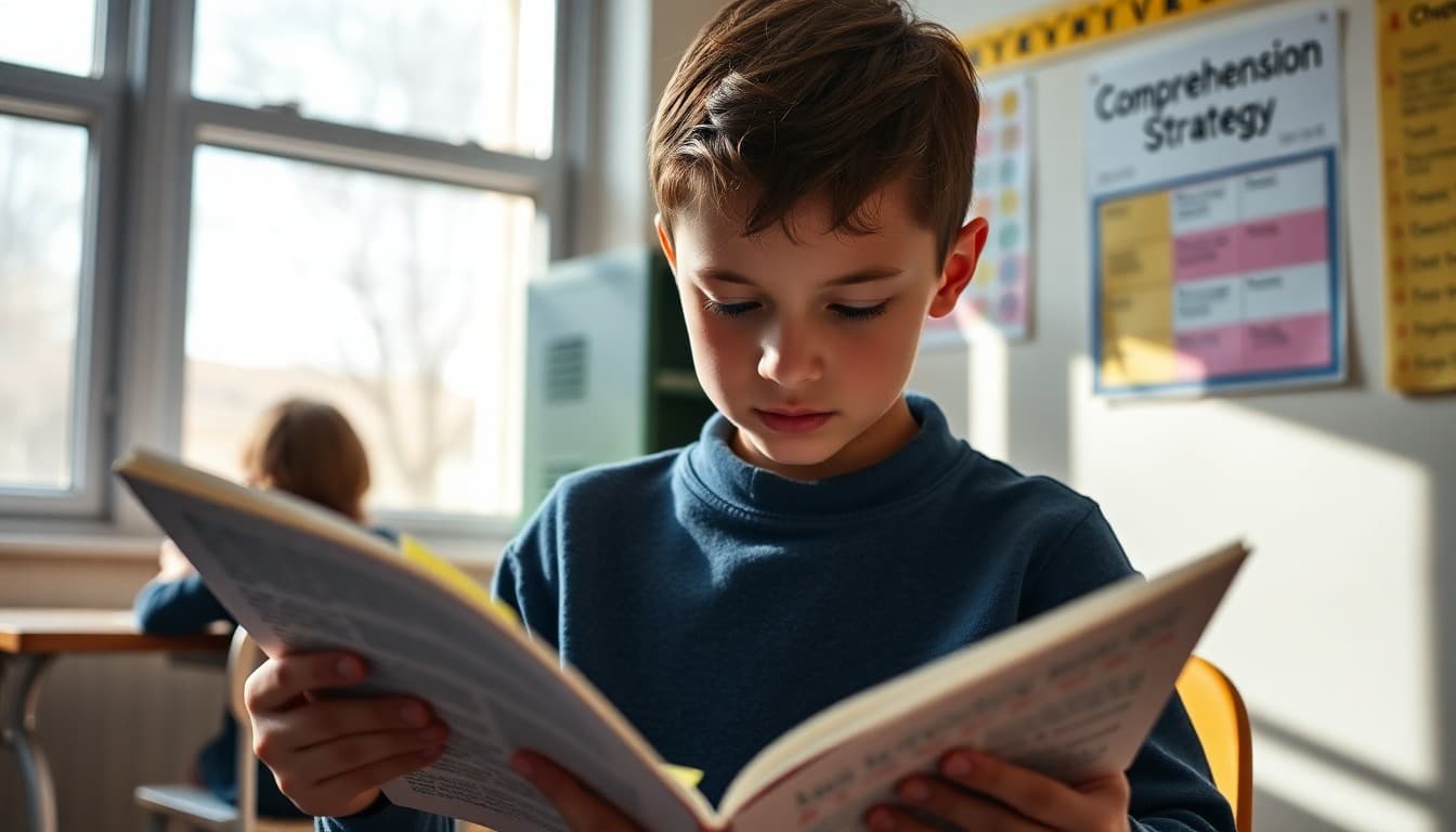 Student reading independently with sticky notes visible on text pages and comprehension strategy chart posted on wall