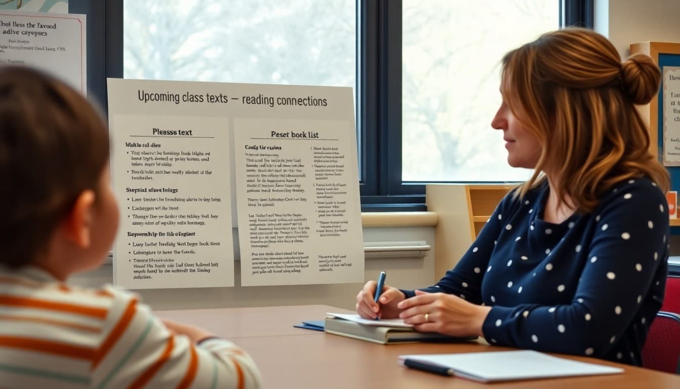 Reading teacher displaying upcoming class texts with annotated book list and thematic connection notes for families