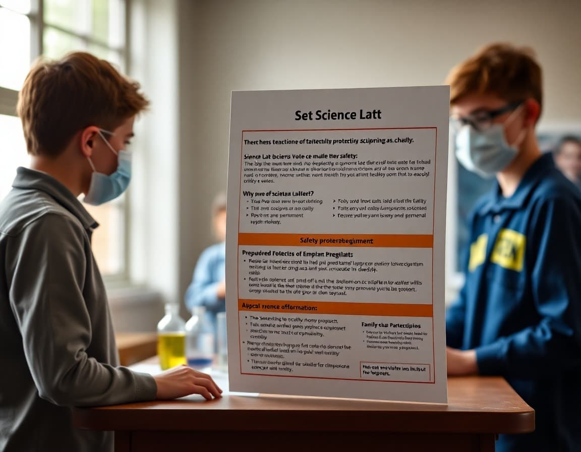 Science lab safety teacher newsletter showing safety rules, required protective equipment, and family preparation information