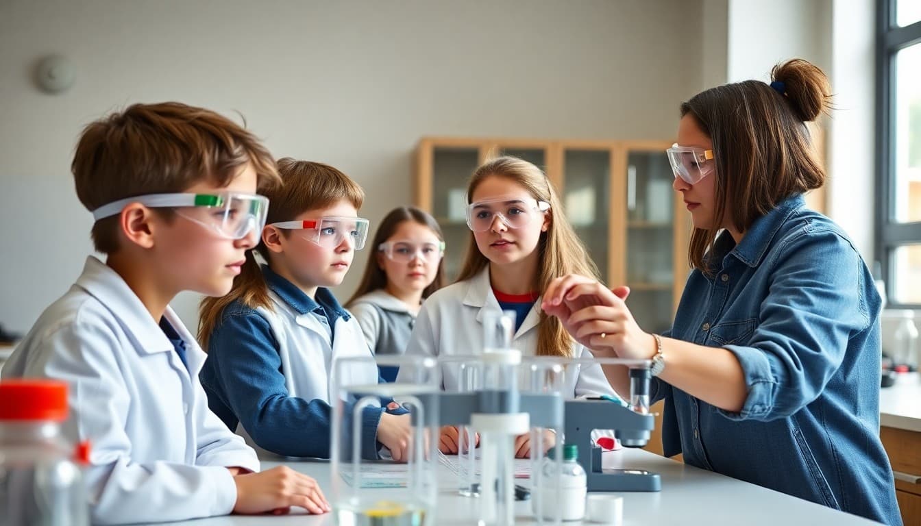 Students in science lab wearing safety goggles with teacher demonstrating proper equipment handling at lab bench