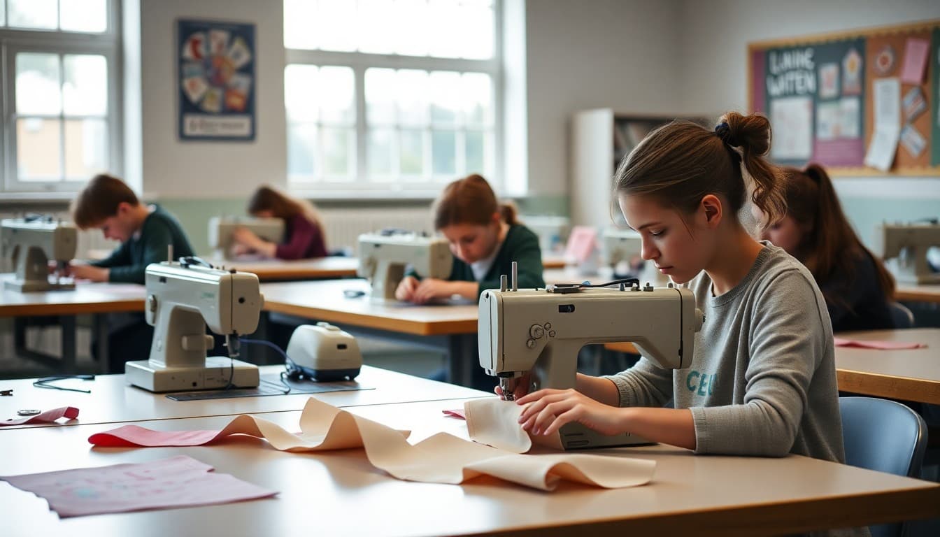 Students working at sewing machines with fabric and pattern pieces on tables in a textile classroom