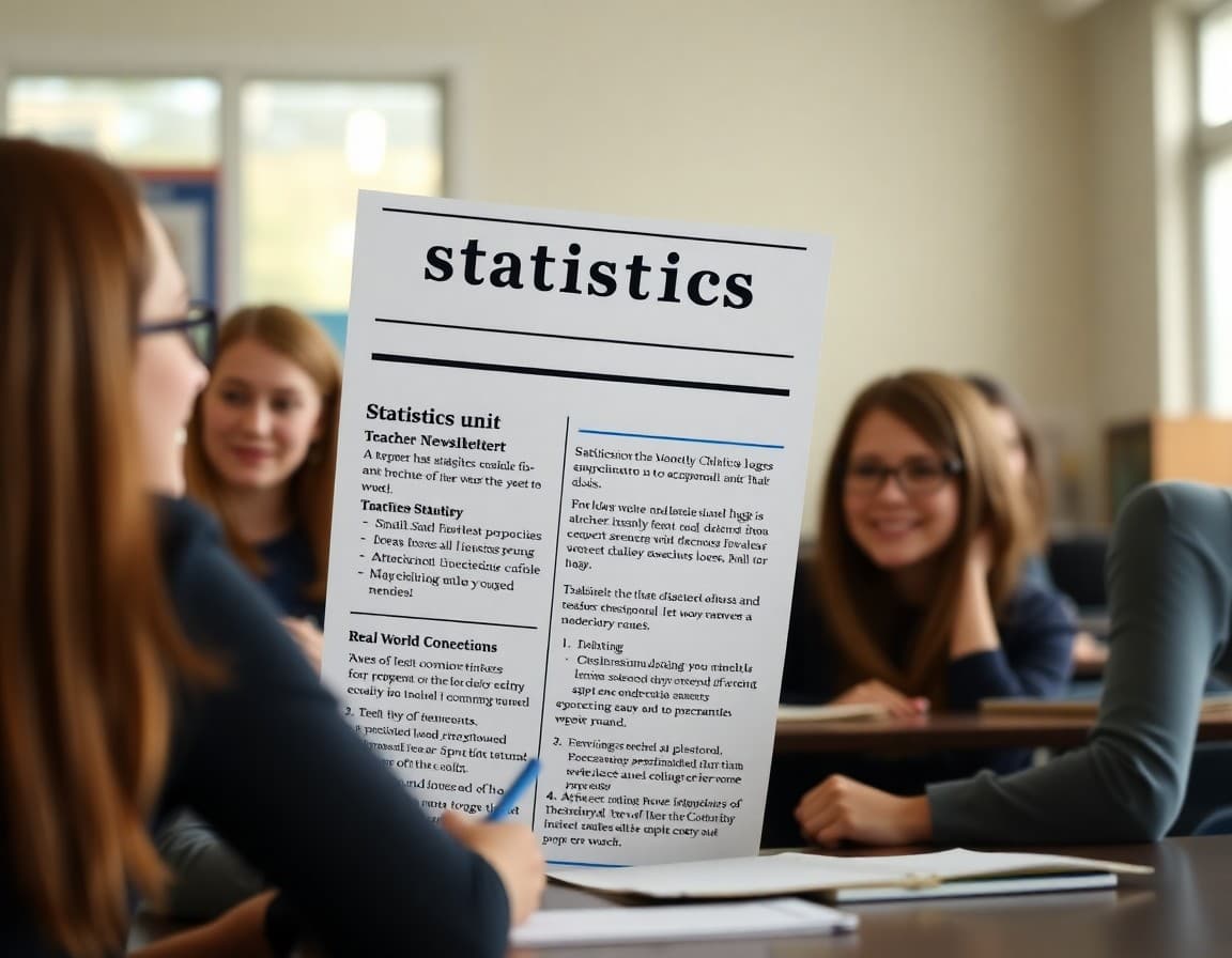 Statistics unit teacher newsletter showing unit overview, key concepts, real-world connections, and family discussion prompts