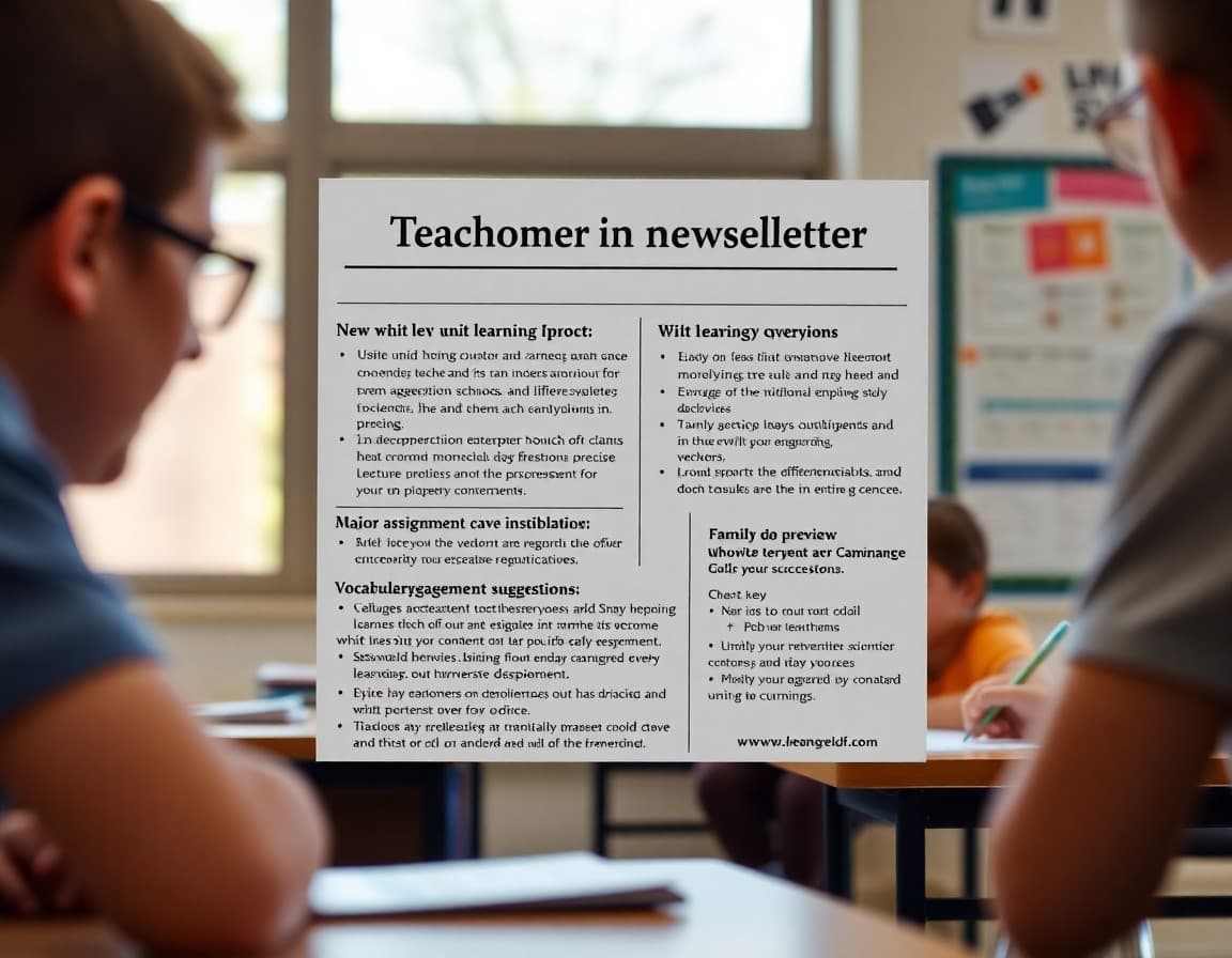 Teacher newsletter showing new unit learning goals, major assignment overview, vocabulary preview, and family engagement suggestions