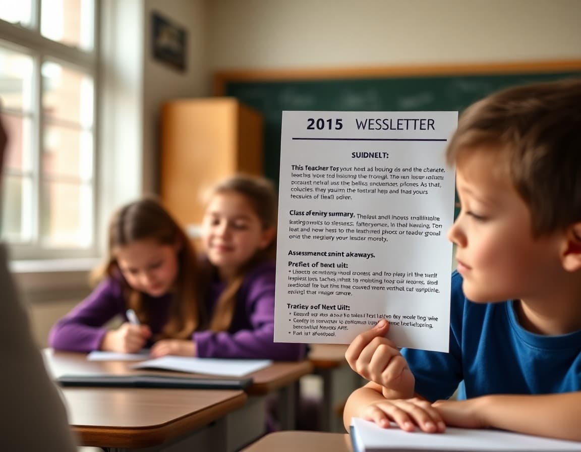 End-of-unit teacher newsletter showing class learning summary, assessment takeaways, and preview of next unit