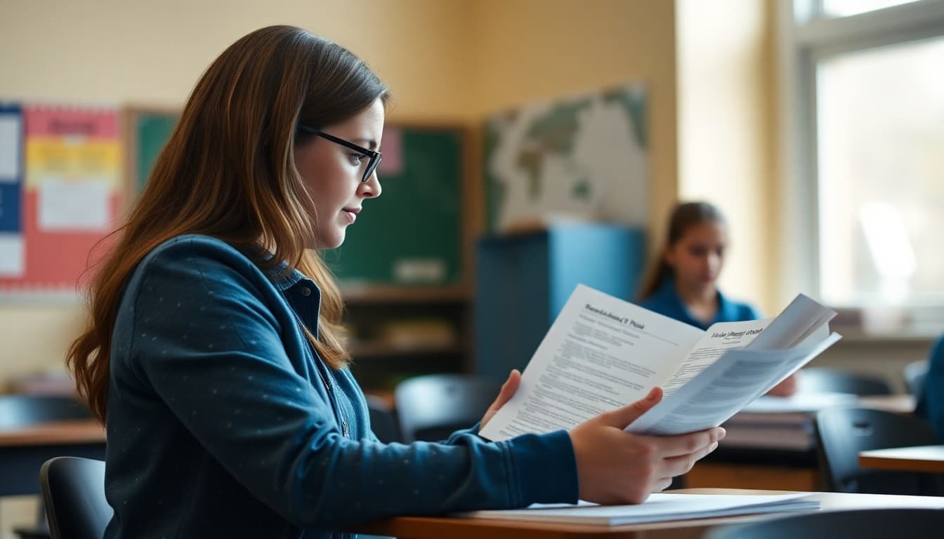Teacher reviewing completed student work from finished unit while preparing end-of-unit reflection newsletter