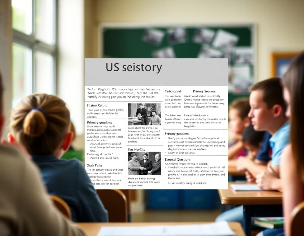 US history unit teacher newsletter showing period overview, primary sources, essential questions, and family discussion prompts