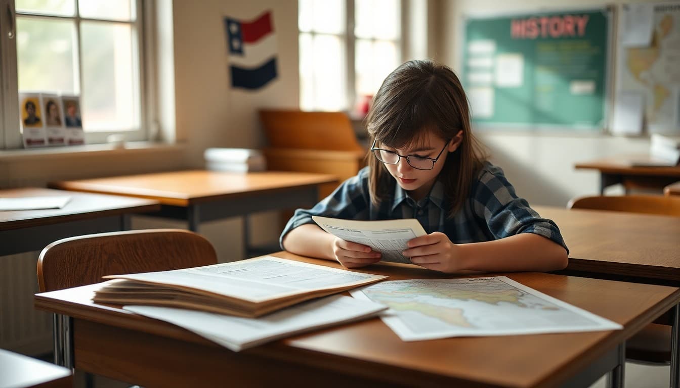 US history student examining primary source documents with annotated texts and historical maps on desk