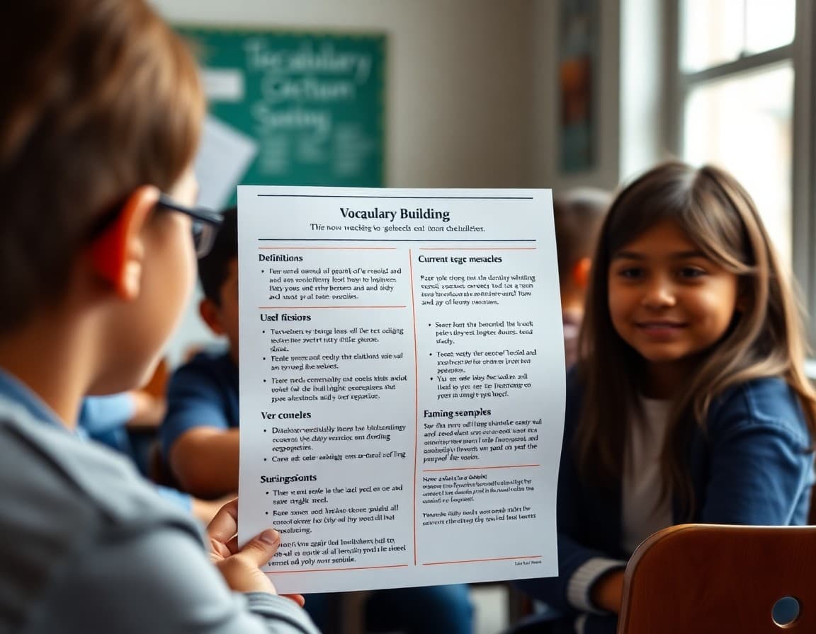 Vocabulary building teacher newsletter showing current word list with definitions, usage examples, and family study suggestions