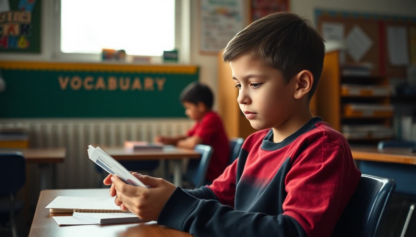 Student reviewing vocabulary flashcards at home with word wall visible in the background of a classroom photo